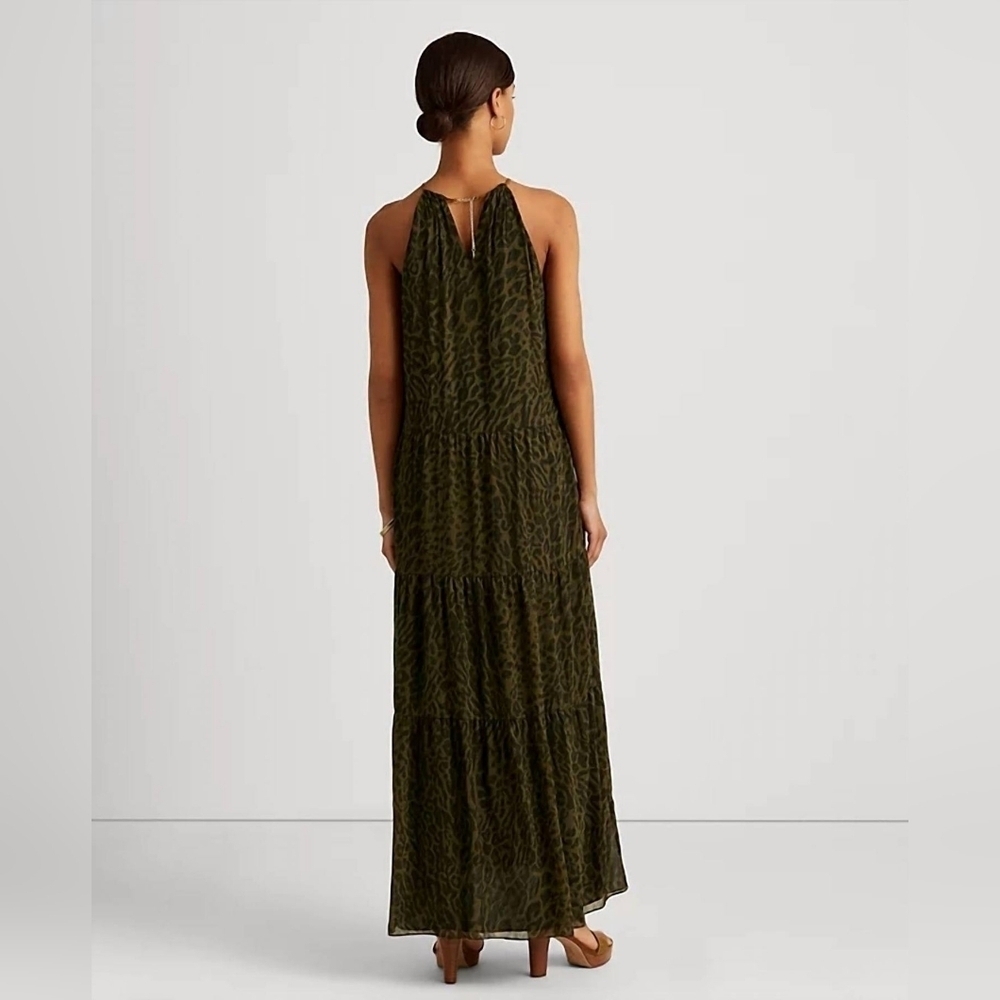 Lauren Ralph Lauren Olive Leopard Print Halter Maxi Dress Size 4 - Picture 10 of 14